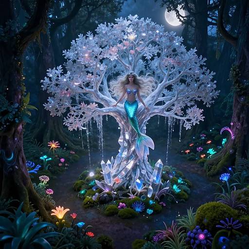 Digital fantasy artwork: Mermaid with glowing blue-green tail, standing in luminous, crystal-encrusted tree, surrounded by colorful biolumines