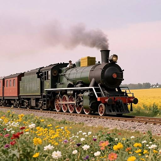 Photograph of a vintage green steam locomotive with black smoke, passing through a colorful flower field and golden field, under a clear sky.