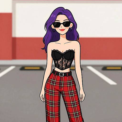 Digital drawing of a stylish woman with purple hair, black lace strapless top, and red plaid pants, wearing black sunglasses, standing in a parking