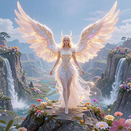 Digital art of a radiant, winged angel with golden wings, wearing a white, flowing gown, standing on a rocky flower-filled path between cascading