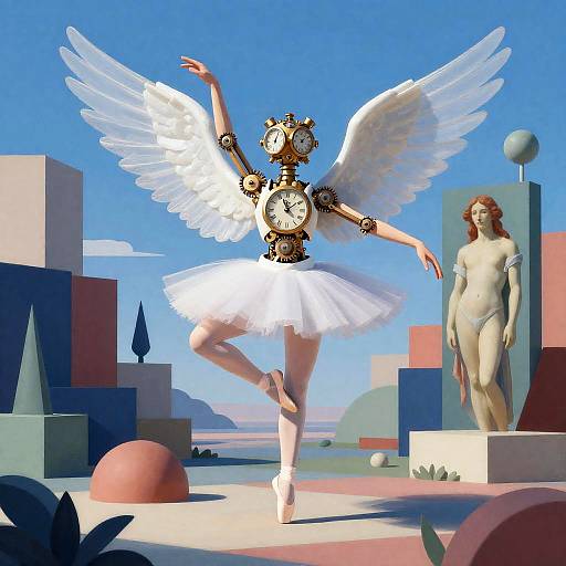 Clockwork Winged Ballet in Surreal Cubism