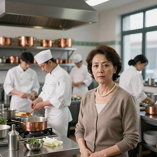 Dynamic Kitchen Scene with Chefs and Woman