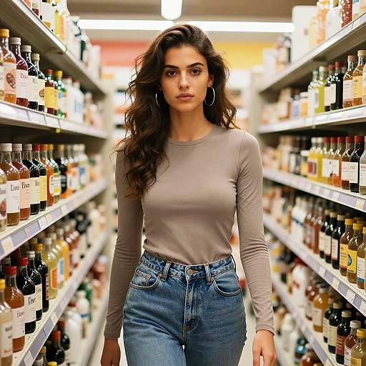 Serious Woman in Grocery Aisle