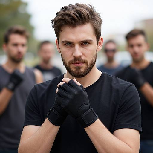 Photograph of a bearded, brown-haired man with black fingerless gloves, black shirt, and serious expression, standing in front of three blurred,