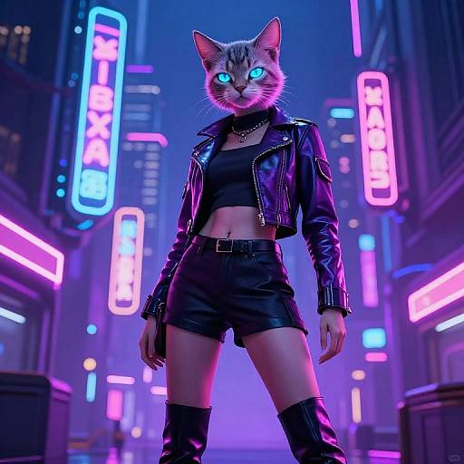 Digital artwork of a neon-lit city street featuring a fierce anthropomorphic cat woman with glowing blue eyes, wearing a black leather jacket, crop top,