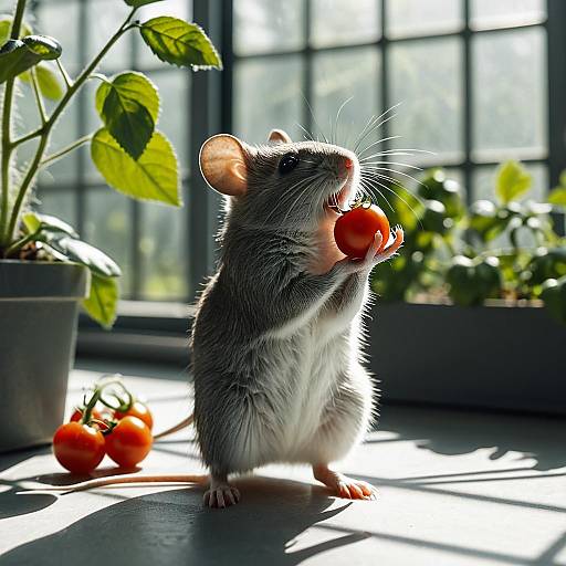 Mouse Holding Cherry Tomato in Greenhouse