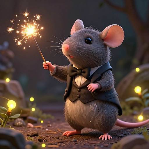 CGI image of a cute, anthropomorphic mouse in a black tuxedo, holding a sparkler, surrounded by glowing fairy lights in a forest