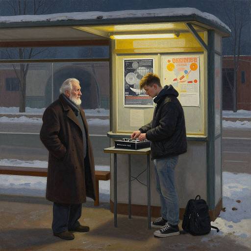 Photorealistic painting of elderly white man with white beard and brown coat, standing at bus stop, conversing with young white man in hoodie, jeans