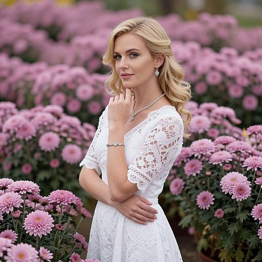 Blonde woman with wavy hair in white lace dress, standing in pink chrysanthemum field, hand on chest, silver necklace, serene