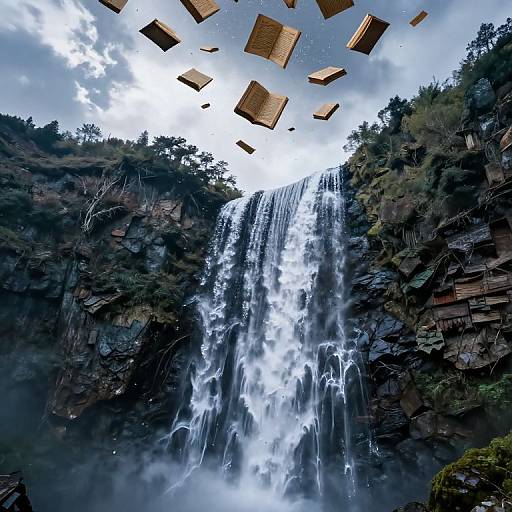 Photograph of a powerful waterfall cascading down a rocky cliff, surrounded by lush greenery, with floating wooden blocks in the sky.