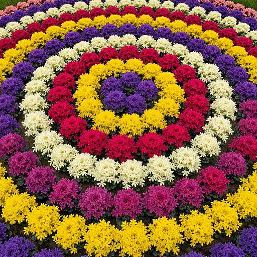 Vibrant photograph of a circular flower bed with concentric rings of red, yellow, purple, and white chrysanthemums.