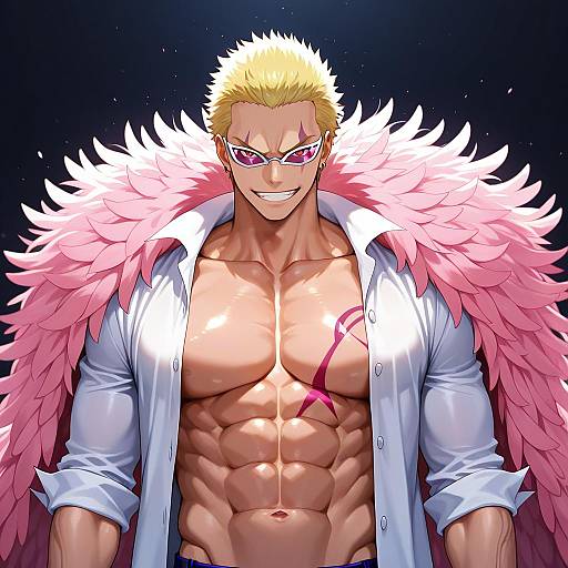 Illustration of Donquixote doflamingo, one piece in the style of Wasabi (sekai)