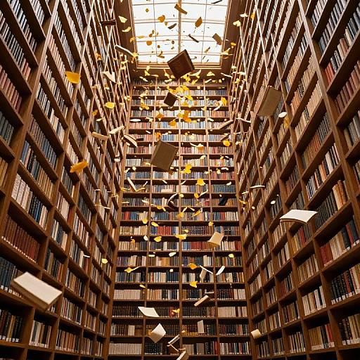Photograph of a towering library with brown wooden bookshelves, books, and floating yellow leaves illuminated by bright ceiling light.