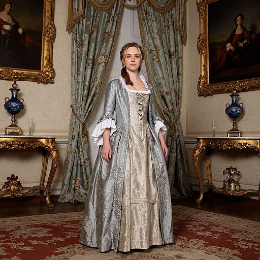 Photograph of a young woman in a silver and white 18th-century-style dress, standing in an opulent room with gold frames, blue curtains