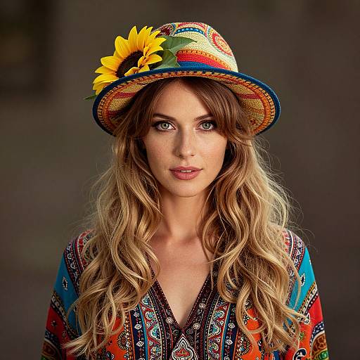 Photograph of a fair-skinned woman with long wavy blonde hair, wearing a colorful embroidered hat with sunflowers, and a vibrant, patterned