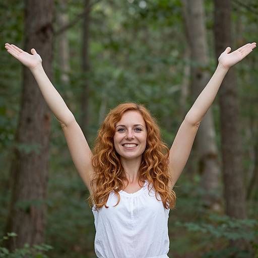 Photograph of a smiling red-haired woman with long curly hair, wearing a white sleeveless top, arms raised joyfully in a forest.