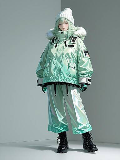 Winter Chic Woman in Mint Green Outfit