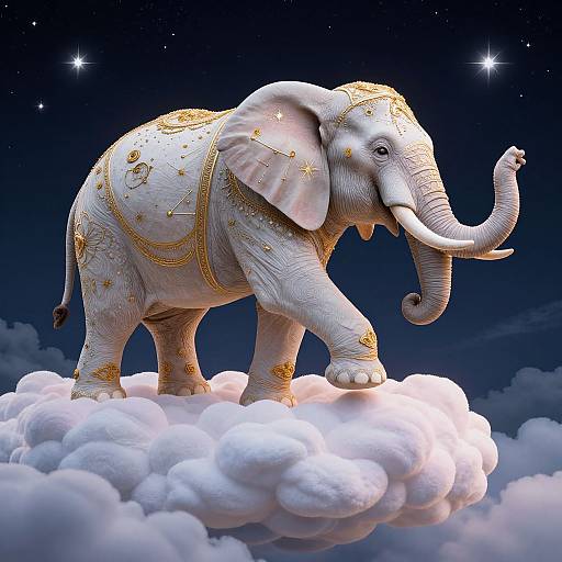 Digital illustration of a white, golden-decorated elephant with star patterns standing on a fluffy cloud under a starry night sky.