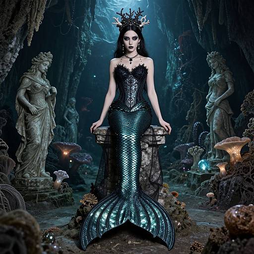 Photograph-style digital artwork: Dark, underwater cave with glowing mushrooms, statues, and a pale, black-haired mermaid queen in a sequined,