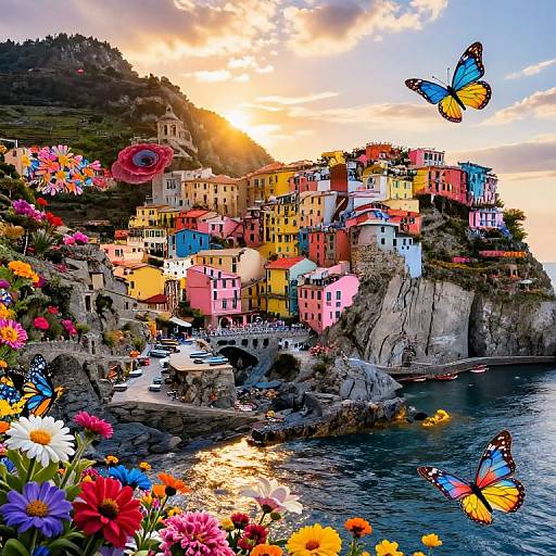 Vibrant photograph of colorful Mediterranean village at sunset, surrounded by flowers, with three orange and blue butterflies flying above.
