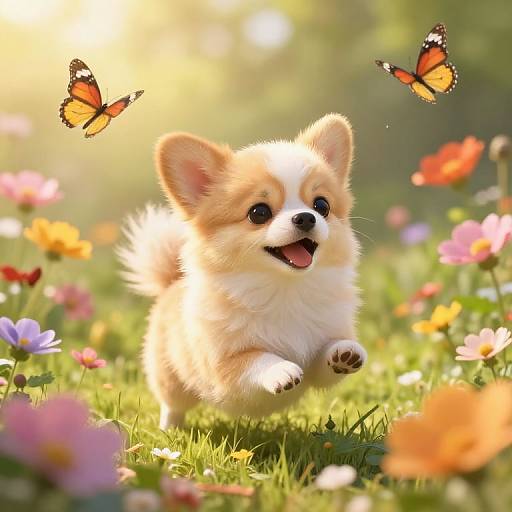 Adorable fluffy cream and white puppy joyfully runs through a sunny, colorful meadow, with two vibrant butterflies fluttering above.
