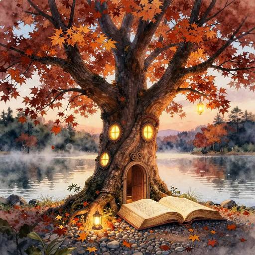 Enchanted autumn tree with glowing windows, open book, and warm lanterns by a serene lake at sunset. Magical, whimsical illustration.