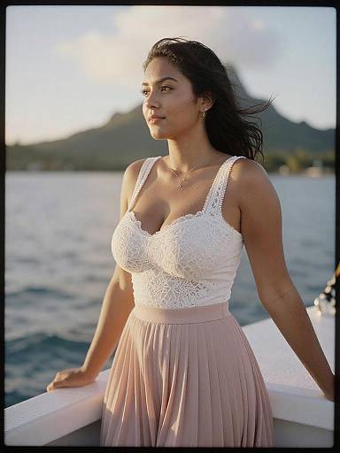 Photograph of a confident woman with medium skin tone, dark hair, wearing a white lace top and pink pleated skirt, standing on a boat with