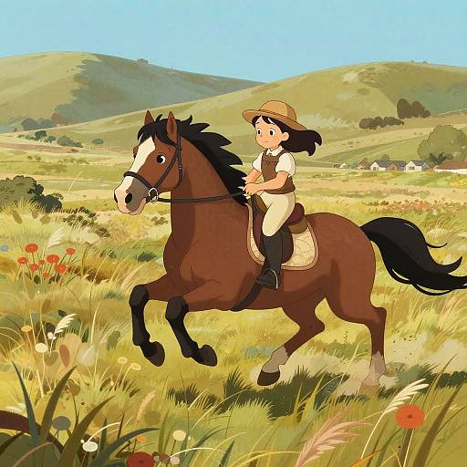 Digital anime-style drawing of a young girl with black hair in a hat, riding a brown horse through a sunny, colorful meadow with hills and flowers