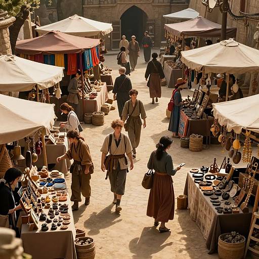 Photograph of a bustling medieval market with vendors under beige umbrellas, customers in period clothing, colorful textiles, and various wares.