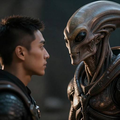 Human vs Armored Alien Close-Up