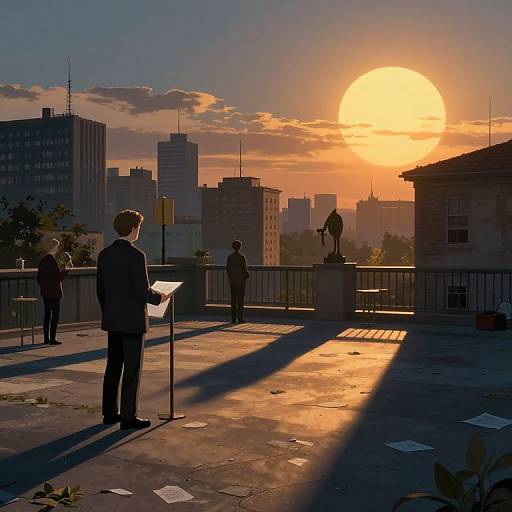 Photograph-style digital art of a sunset over a city rooftop, silhouetted people, one reading from a stand, warm orange sun, urban