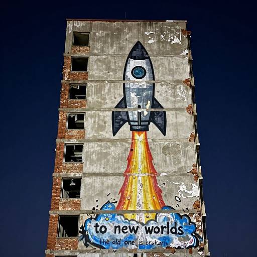 Photograph of a tall, weathered brick building with a vivid rocket mural, featuring a black-and-white rocket with orange flames, launching from a blue