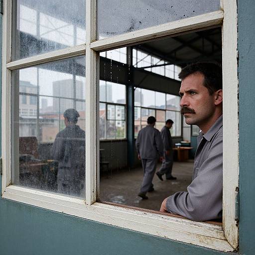 Photograph of a serious-looking man with a mustache, leaning on a dusty, worn window frame, watching two blurred figures in a dimly lit