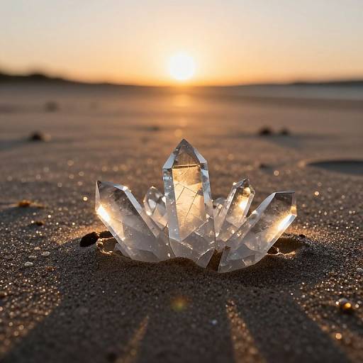 Photograph of a clear, faceted crystal with internal light reflections, set in wet sand at sunset, casting elongated shadows.