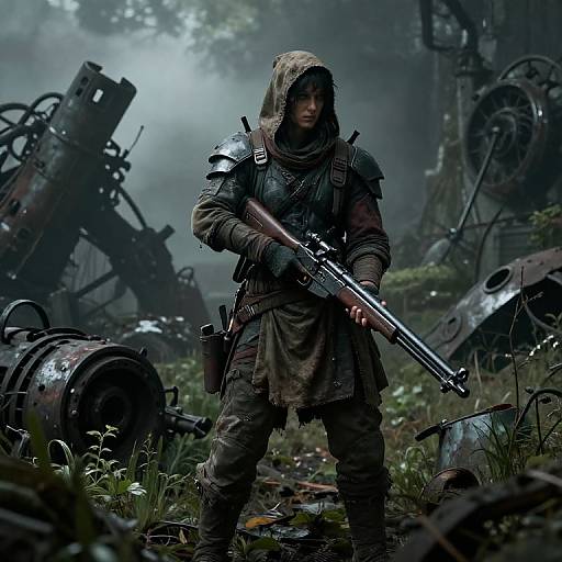 Digital artwork of a rugged, hooded soldier in dark, tactical gear holding a rifle, standing amidst a foggy, overgrown junkyard with rust