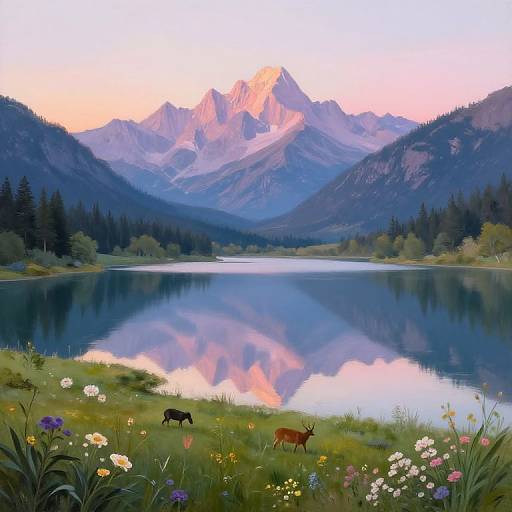 Photograph of a serene mountain lake at sunrise, reflecting pink and blue hues; foreground features wildflowers, deer grazing, and pine trees.