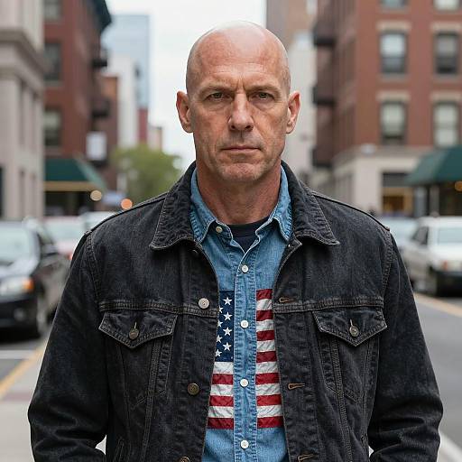 Serious Bald Man in Denim Jacket with American Flag Shirt