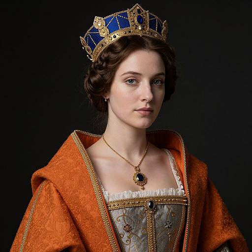 Photograph of a fair-skinned woman with brown wavy hair, wearing a blue and gold crown, orange embroidered gown, and pearl necklace, set