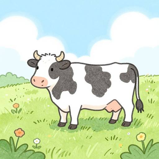 Digital drawing of a black-and-white cow with small horns, standing in a bright green grassy field with colorful flowers, under a clear blue sky.