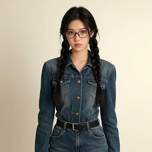 Photograph of an Asian woman with long black braids, wearing glasses, a blue denim button-up shirt, and black belt, standing against a plain