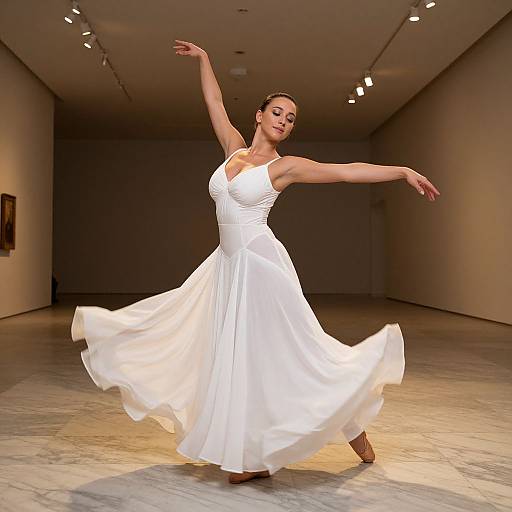 Photograph of a dancer in a flowing white dress, mid-pose in a minimalistic gallery with marble floors and spotlights.