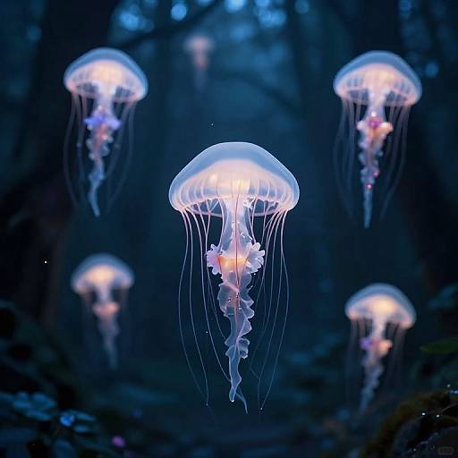 Photograph of glowing jellyfish with translucent, dome-shaped bodies and trailing tentacles, floating in a dark, blue underwater forest.