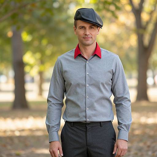 Photograph of a middle-aged man with light skin, wearing a black flat cap, grey button-up shirt with red collar, and black trousers, standing