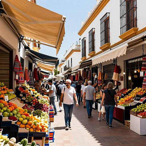 Photograph of a sunny, narrow market street with colorful fruit stalls, people shopping, white buildings with black wrought iron balconies.