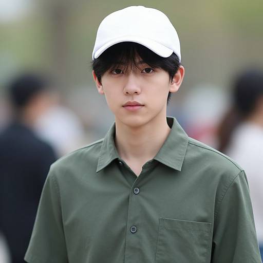 Photograph of an Asian teenage boy with fair skin, black hair, wearing a white cap and green button-down shirt, standing outdoors with a blurred crowd