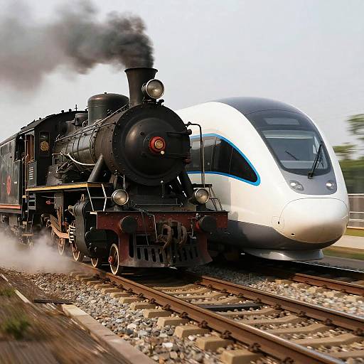 Photograph of a vintage black steam locomotive with white and blue modern train in front, emitting smoke on railway tracks.