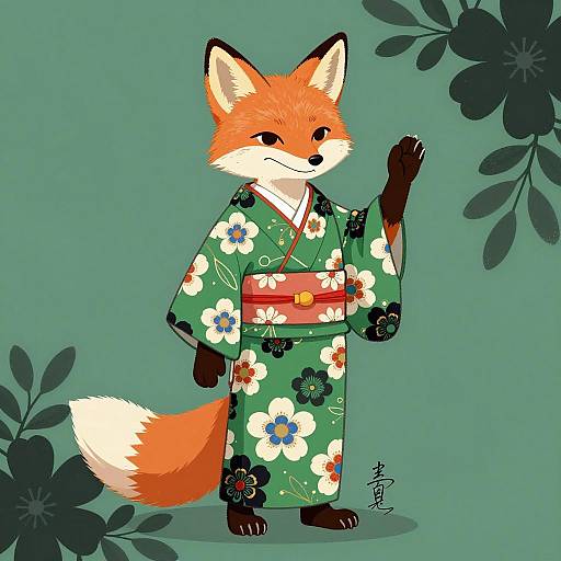 Anthropomorphic Fox in Floral Kimono