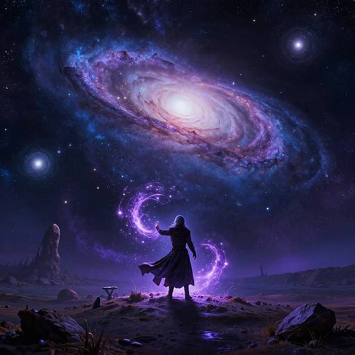 Digital art: Silhouetted figure in flowing robe conjures purple energy ring under glowing spiral galaxy, surrounded by stars and rocky landscape.