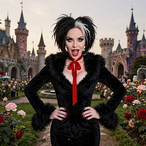 Gothic woman with black-and-white hair, red ribbon, black fur coat, hands on hips, in front of a castle garden. Photorealistic