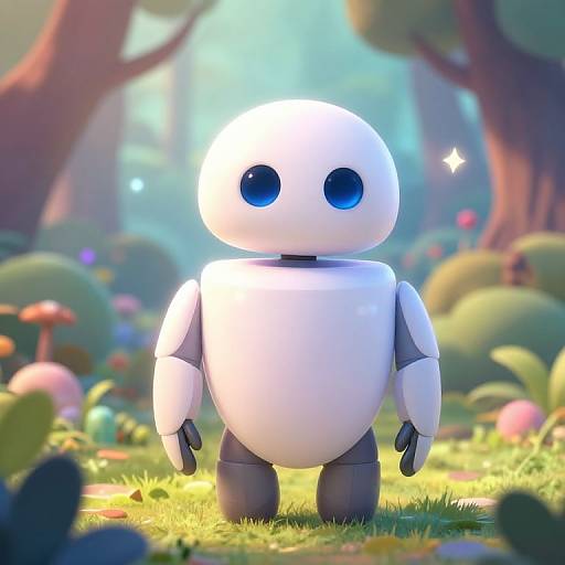 CGI image of a cute, white, spherical robot with blue eyes standing in a sunny, colorful forest filled with mushrooms and greenery.
